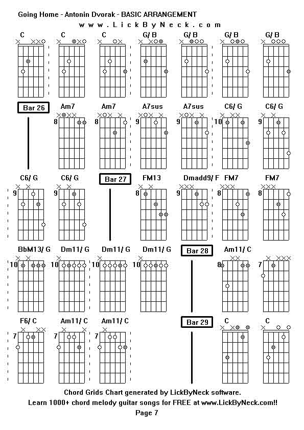 Chord Grids Chart of chord melody fingerstyle guitar song-Going Home - Antonin Dvorak - BASIC ARRANGEMENT,generated by LickByNeck software.